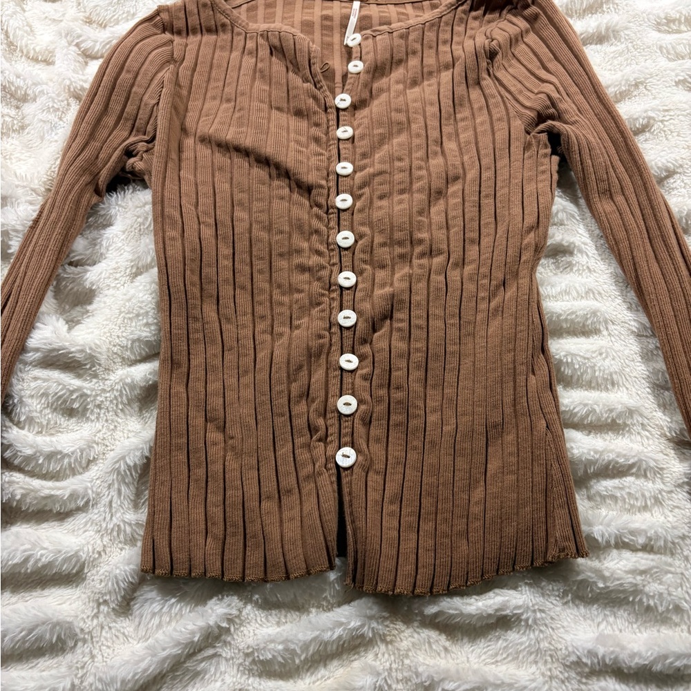 Free People Beige Button-Down Ribbed Top - Picture 3 of 6